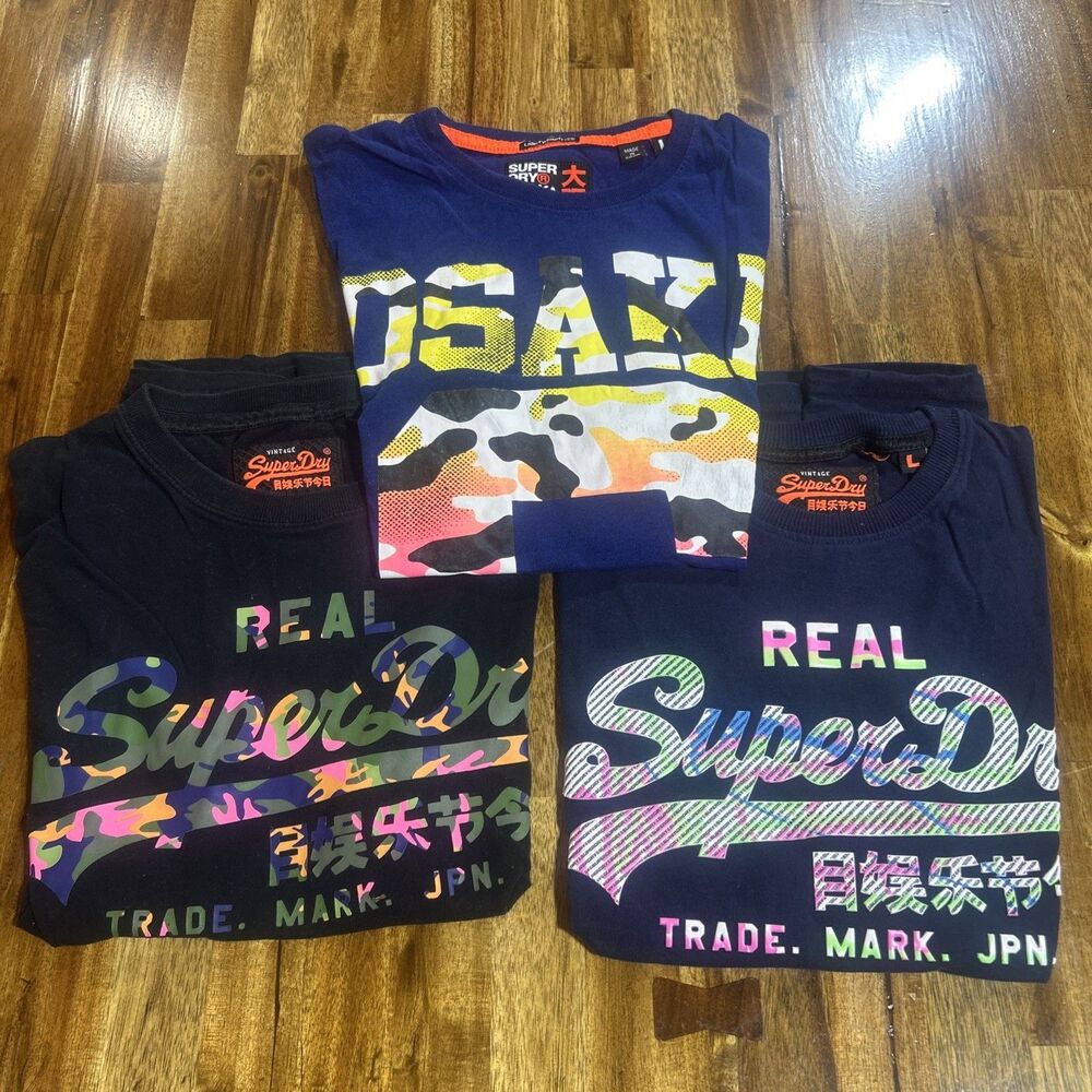 Lot of 3 Superdry Men’s Large T Shirts Blue Logo Graphic Tees Cotton